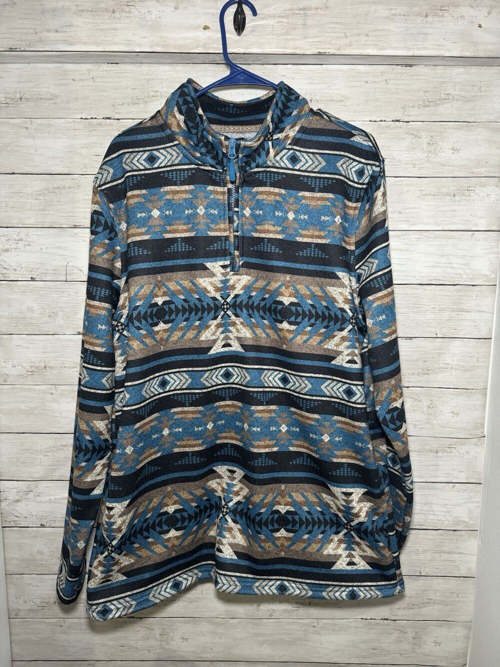Depart West Men’s XL Western Aztec Southwest Quarter Zip Pullover Blue Tan EUC